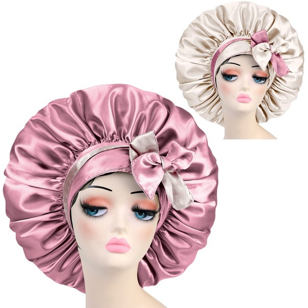 Gorro de pelo de seda satinada: extra grande, ajustable, doble capa, reversible, con forro de satén (rosa y champán)