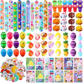 Simgoing 134 Pcs Easter Party Favors Bulk Easter Egg Fillers with Slap Bracelets Stampers Rings Make Your Own Stickers Easter Basket Stuffers for Easter Goodies Bags Classroom Crafts Prize Supplies