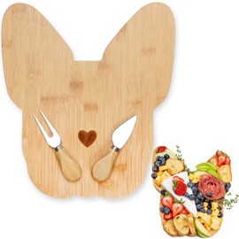 Monstera Home - Polished Bamboo Frenchie Cheese Board/Cutting Board Set w/Matching Knife & Fork - 12.2" x 10.8 - Giftable French Bulldog Charcuterie Board