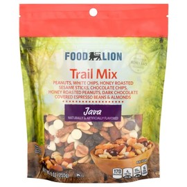 Food Lion Java Trail Mix: Peanuts White & Milk Chocolate Chips, Honey Roasted Sesame Sticks & Peanuts, Dark Covered Espresso Beans & Almonds - 9oz Snack Snacking Dessert Sweet Food Treat