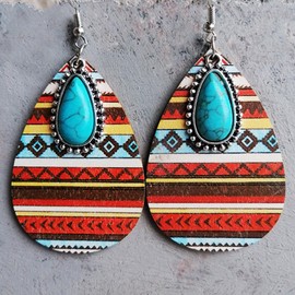 Aztec Earrings Western Earrings Turquoise Earrings for Women Girls Teardrop Dangle Earrings Boho Wood Vintage Earrings Jewelry Gifts
