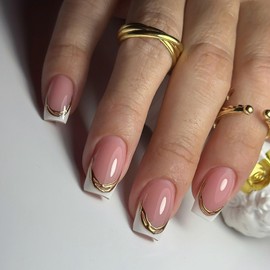 French Tip Press on Nails Medium Fake Nails Square False Nails with Gold Embossed Designs Artificial Nails Pink Glossy Glue on Nails for Women 24pcs