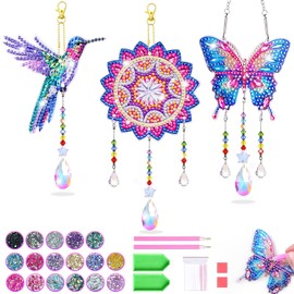 Manualidades para niñas de 8 a 12 años, kits de arte de diamantes para niñas de 10 a 12 años, 3 piezas de arte de diamantes, atrapasoles y kits de campanillas de viento para niños, gran regalo de cumpleaños, bonita decoración para el hogar, jardín, mochila