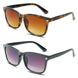 Chiccool 2 Pack Bifocal Sunglasses Reading Glasses for Women Men Classic Retro UV400 Sun Readers with Comfortable Hinge (Black+Lepoard,+2.0)