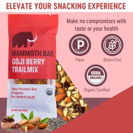 Mammoth Bar Goji Berry Trail Mix - 10 Organic Protein Bars – Prebiotic • Paleo • Gluten Free • Egg Protein • GMO Free • Raw • Premium Nuts