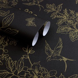 Froluya Black and Gold Wallpaper Peel and Stick Wallpaper Removable 197"x17.7" Vintage Floral Boho Peel and Stick Wallpaper Self Adhesive Wall Paper for Bedroom Cabinets Shelf Liner Vinyl Roll