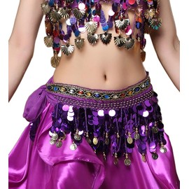 Belly Dance Hip Scarf Belt Women's Belly Dance Costume Hip Scarf with Coins Belt Skirts, purple