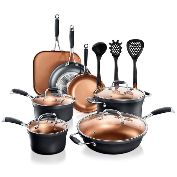 NutriChef Stackable Pots and Pans Set – 14-pcs Luxurious Cookware Set – Sauce Pans Set with Lids– Healthy Food-Grade Copper Non-Stick Ceramic Coating - PTFE, PFOA, and PFOS Free