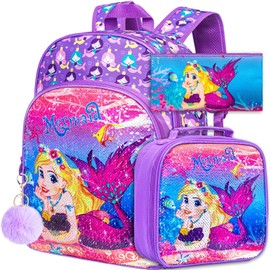 KLFVB 3PCS Mermaid Backpack for Girls, 16" Sequin Kids Bookbag and Lunch Box, Preschool Backpacks for Elementary Students