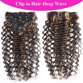 Curly Clip in Hair Extensions Real Human Hair 18inch 120g Invisible & Seamless 100% Brazilian Remy Human Extension Deep Wave Clip ins Extensions Double Weft 8 PCS with 20 Clips Highlight P427
