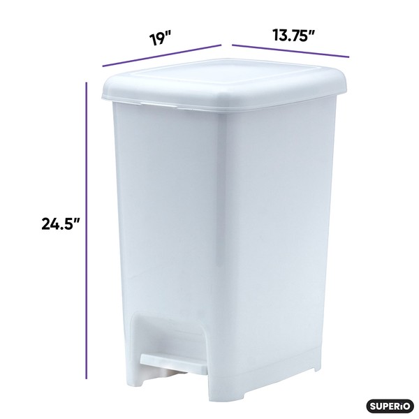 Superio Slim Trash Can with Foot Pedal – 16 Gallon Step-On Trash Can, Tall Plastic Garbage Can, Extra Large Trash Can for Bathroom, Kitchen, Office, Patio, or Backyard – White Smoke, 2 Pack