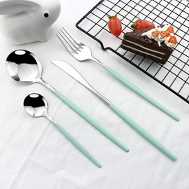 JASHII 24 Piece Titanium Mint Green Plated Stainless Steel Flatware Set, Utensils Set, Cutlery Set Service for 6 (Mint Green Handle, Shiny Silver)