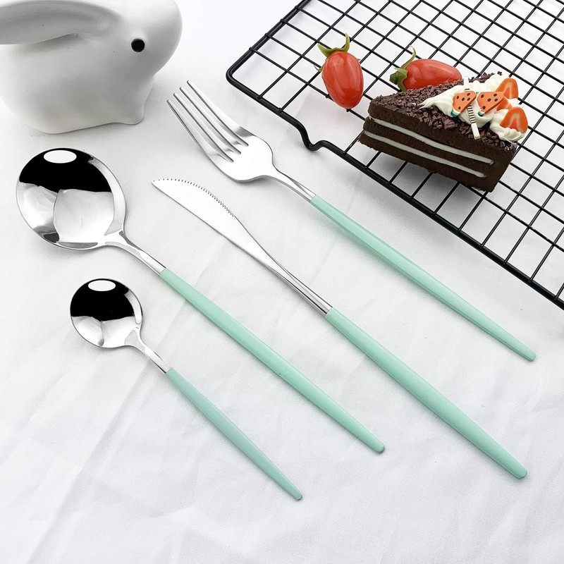 JASHII 24 Piece Titanium Mint Green Plated Stainless Steel Flatware
