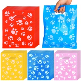 Sadnyy 100 Pcs Dog Paw Print Gift Bags 8 x 10 Inch for Selling Shopping Merchandise Small Business Treat Candy Goodie Bags(Blue,Yellow,Red, Pink-purple)