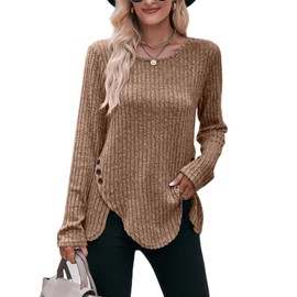 AELSON Women's Casual Fall Crewneck Tunic Tops Long Sleeve Dressy Solid Color Blouse Shirts