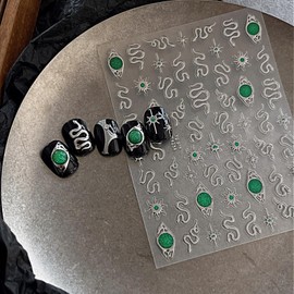 5D Embossed Silver Snake Nail Art Stickers Emerald Green Nail Stickers Self Adhesive Sun Star Nail Decals for Press on Nails Silver Nail Art Supplies for Women Girls Manicure