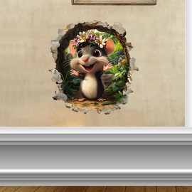 3 Pcs Mouse Hole Wall Decal with 3D Effect – Whimsical Removable Vinyl Sticker for Kids' Rooms & Home Decor (3, Mouse with a Wreath)