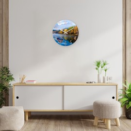 XFM Natural Landscape Wall Clock for Bedroom - Glass Blue Wall Clock Battery Operated 12 Inch - Modern Lake Wall Clock Silent - Mountain Wall Clock
