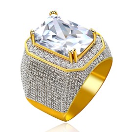 Uloveido Men's Large Rectangle Simulated Black Onyx Hip Hop Ring, Gold-Plated Wide Wedding Engagement Band, Crystal Non-precious metal Crystal, Cubic Zirconia