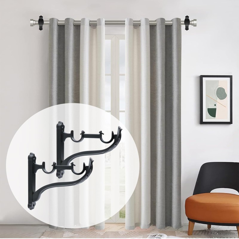 HEVSTIL 4Pcs Heavy Duty Double Curtain Rod Brackets, Single Black