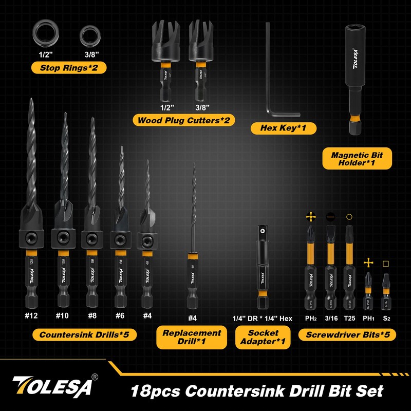 TOLESA Countersink Drill Bit Set, 18 PCS Tapered Counter Sink