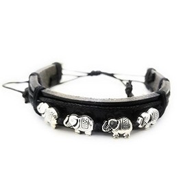 Teri's Boutique Elephants Animal Pendant Faux Leather Adjustable Antique Style Strand Fashion Bracelets (Black Silver)