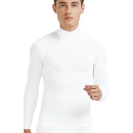 COOLOMG Mens Base Layer Top Thermal Fleece Lined Compression Long Sleeve Shirts Mock White L