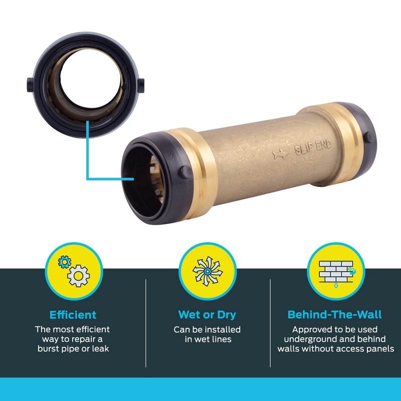 SharkBite 1-1/2 Inch Slip Coupling, Push to Connect Brass Plumbing