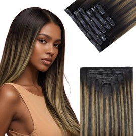 Flooyeer Invisi-edge Clip in Hair Extensions Human Hair, Injected Seamless Clip ins, Ultra-thin PU Weft, 16 inch 110g 7pcs, Balayage Natural Black to Chestnut Brown, Straight, Clip-in Real Human Hair