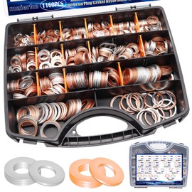 maierke 1160PCS Crush Washer Oil Drain Plug,18 Sizes Copper and Aluminum Oil Drain Plug Gasket Assortment,Automotive Engine Crush Washers (M6 M8 M10 M12 M14 M16 M18 M20 M22 M24)