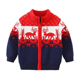 Mud Kingdom Toddler Boy Cardigan Sweater Zip Up Reindeer Christmas Red Collar 3T