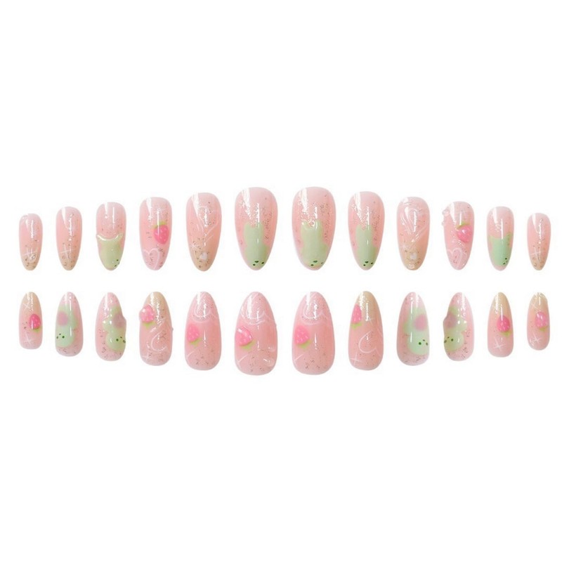 Glitter Press on Nails Short Almond Fake Nails with Strawberry