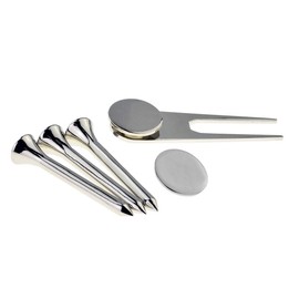 Plain Silver Golf Gift Set of Three Tees, Divot Tool and Ball Marker Supplied with a Spare Marker and Boxed