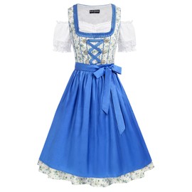 SCARLET DARKNESS Women's 3-Piece Dirndl Dress Oktoberfest Costume Dress Costumes Midi Cotton Dress Tops Apron L White and Blue Flowers