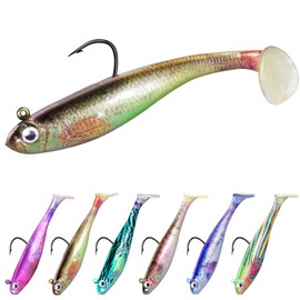 FishTrip 6Pcs Paddle Tail Swim Baits, Pre-Rigged Jig Heads Soft Fishing Lures, 3D Eyes Swimbait with Hooks for Bass Fishing Saltwater Freshwater for Bass Trout Walleye Crappie