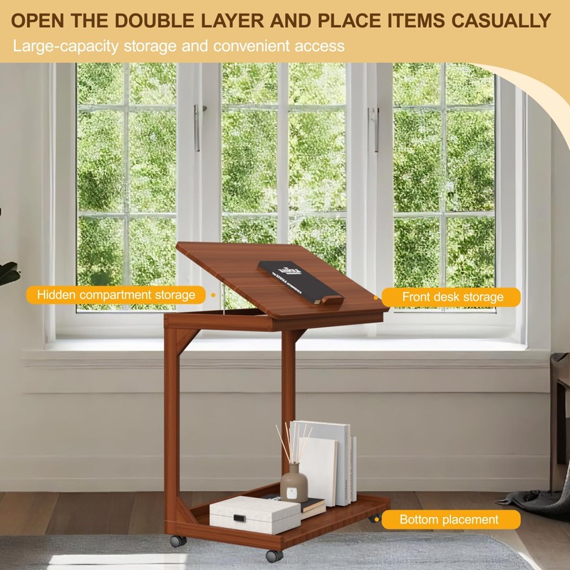 WUGCHDA C-Shaped Couch Table, Side Table with 360° Rotating Wheels,