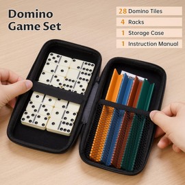 NiToy Double 6 Dominos Set for Adults with 28 Tiles 1.6 x0.8 x0.2 Inches & 4 Silicone Domino Racks 6.4x0.75x0.67 Inches, Classic Board Games with Portable Case for Family Game Nights & Travel (Medium)