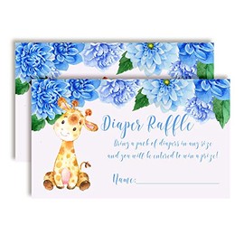 Watercolor Dahlia Floral Giraffe-Themed Diaper Raffle Tickets for Boy Baby Showers, 20 2" X 3â Double Sided Insert Cards for Games by AmandaCreation, Bring a Pack of Diapers to Win Favors & Prizes!