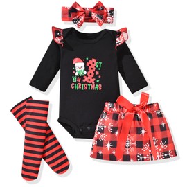 fioukiay Baby Girl My First Christmas Outfit Long Sleeve Romper Mini Skirt With Leg Warmers 4PCS Xmas Clothes Set(Black, Preemie)