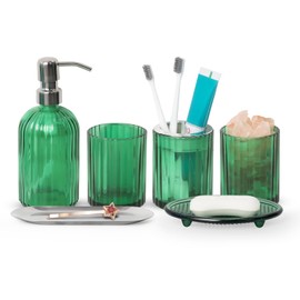 Umimile Bathroom Accessories Set, 6 Pcs Green Glass Bathroom Accessory Set - Complete Toothbrush Holder, Tumbler, Lotion Dispenser, Soap Dish, Vanity Tray, Aromatic Cup for Apartment Bathroom Decor
