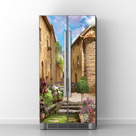 Vintage Art Self Stick Vinyl Door Mural Sticker, Peel and Stick Removable Refrigerator Wrap Decal, Old Town, 32.3x78.7, 2 Pcs Set