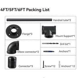 Handrail Wall,Stair Railing Indoor, 5FT Pipe Railing, Metal Staircase Handrail,Black handrails for Indoor & Outdoor Stairs,Grab Bars for Wall,Steps Baluster