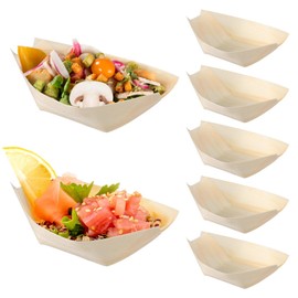 TOYANDONA 100Pcs 3.3 Disposable Sushi Boats, Appetizer Plates Compostable Natural Wood Food Trays Sturdy Poplar Serving Dish Bamboo Sushi and Sashimi Party Kit