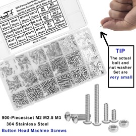 HanTof 900PCS Button Head Hex Socket Cap Screws Assortment Kit, Small M2 M2.5 M3 Bolts and Nuts Washers Set, Allen Head Machine Screws, 304 Stainless Steel, Fully Threaded, Come with Hex Wrench.