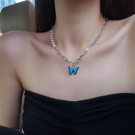 Cimenexe Bohemian Enamel Butterfly Pearl Choker Necklace Blue Acrylic Butterfly Pendant Necklace Silver Pearl Curb Chain Necklace Small Butterfly Pearl Necklace Jewelry for Women and Girls Gifts