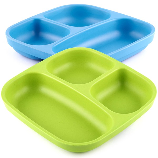GET FRESH PLA Kids Divided Plates Set – 2-Pack Melamine-Free Sectioned Plates for Kids and Toddlers – Stackable BPA-Free Childrens Dinnerware Divider Plates – Reusable 3 Compartment Kids Plates