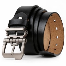 JingHao Men's Leather Belt, 110-170 cm, Denim Belt, Designer Buckle, Large Waist Men's Belt, 38 mm Wide, Black Brown, black