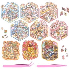 3D Sticker Scene: 9 Sets DIY 3D House Stickers - Funny Cute Cartoon Scene Stickers with Tweezers - Adults Youth Kids Relief Stress - Laptop, Water Bottle, Phone