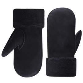 Harssidanzar Mens Mitten Gloves,Winter Cold Weather Sheepskin Shearling Heated Warm Furry Cuff Mitten Gloves KM042CA,Black,Size XL