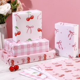 Pineraap 12 Sheets Pink Bow Cherry Wrapping Paper, Bowknot Printed Gift Wrap Paper Decorative Craft Paper for Girls Women Birthday Wedding Baby Shower Coquette Party, 19.7 x 27.6 Inch